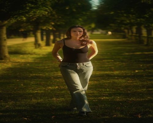 A woman in casual clothes walking leisurely in a sunlit urban park