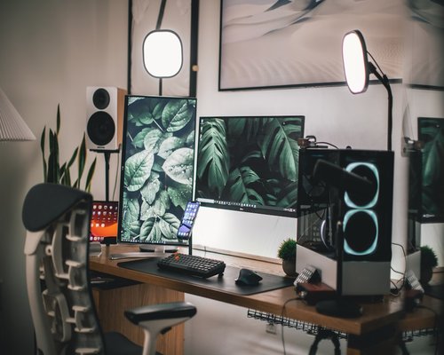 A neat desk setup at home showing good ergonomics